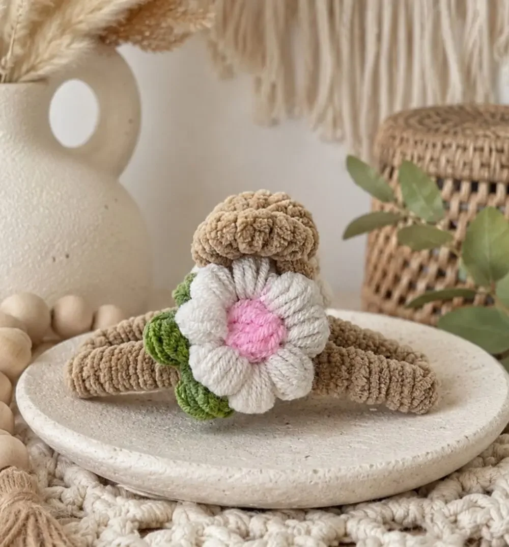 Tan Knit Flower Hair Claw Clip New